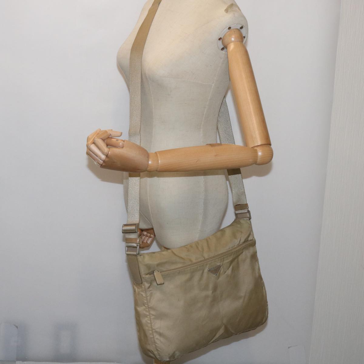 PRADA Shoulder Bag Nylon Beige Auth 66379