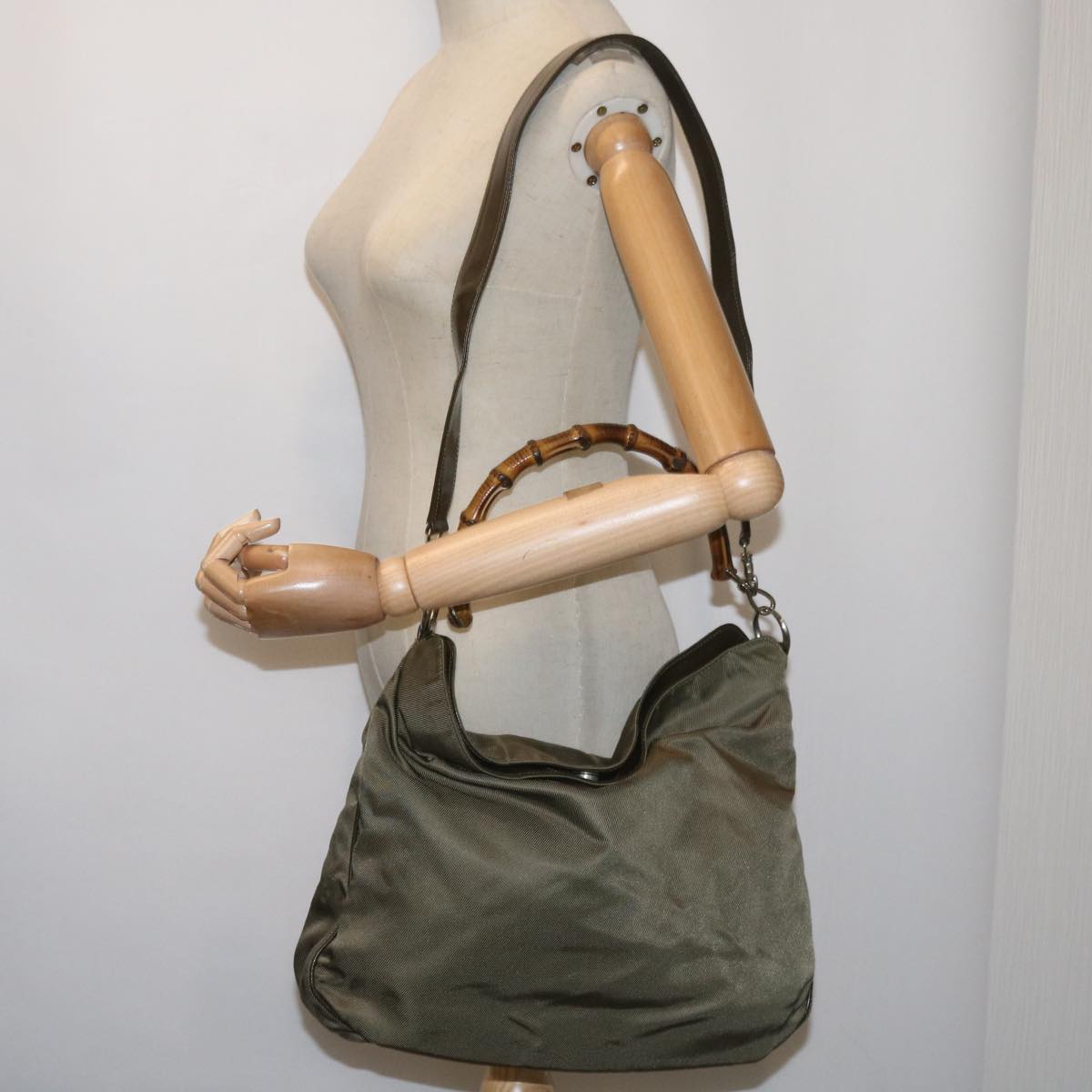 GUCCI Bamboo Shoulder Bag Nylon 2way Khaki 001 2123 1577 Auth 66397