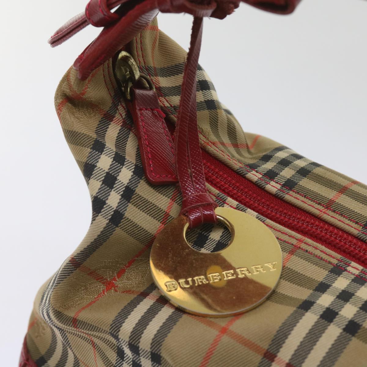 BURBERRY Nova Check Shoulder Bag Canvas Beige Red Auth 66487