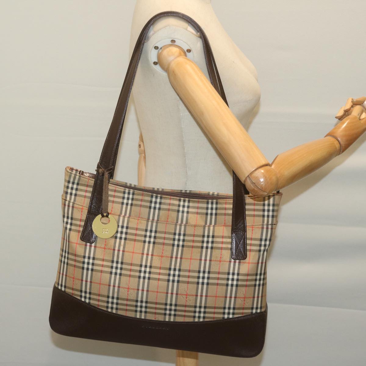 BURBERRY Nova Check Tote Bag Canvas Beige Auth 66489