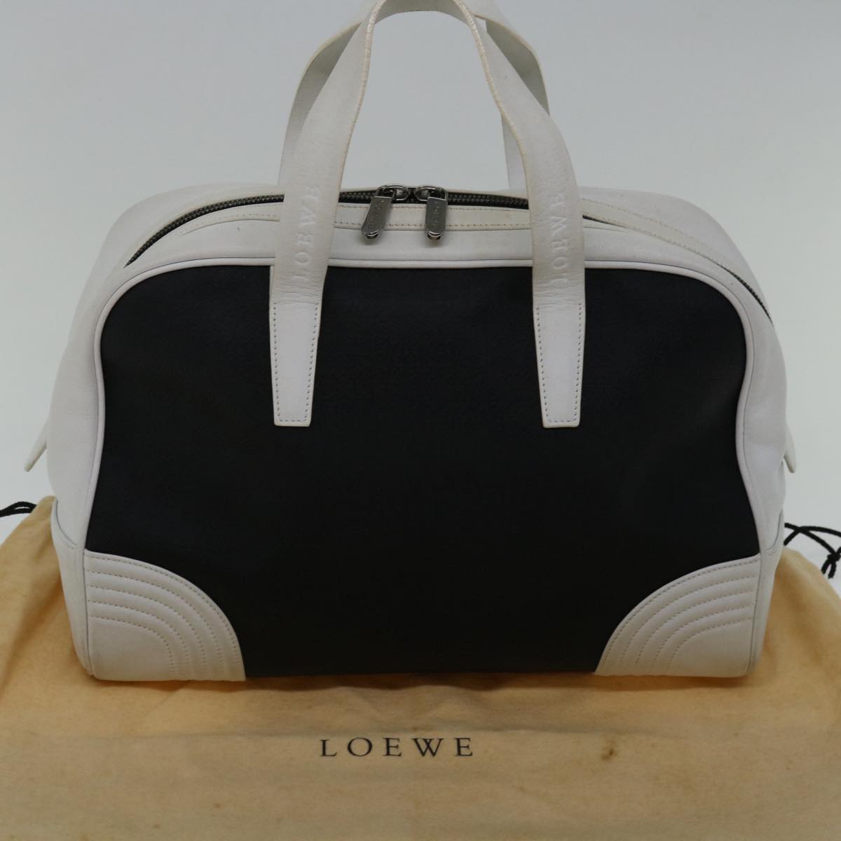 LOEWE anagram Hand Bag PVCCanvas Black White Auth 66643