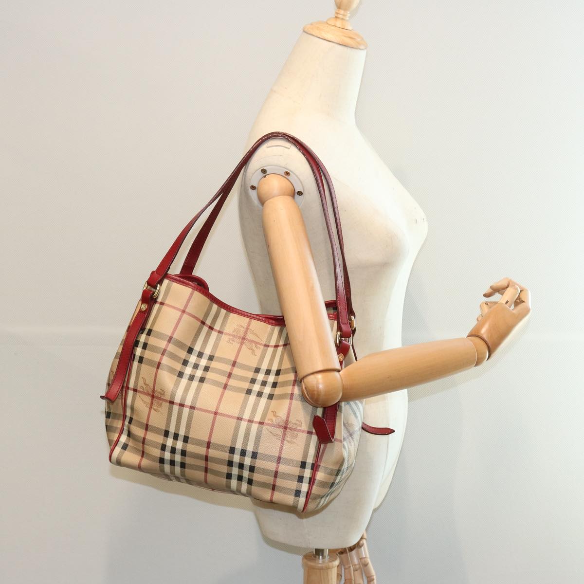 BURBERRY Nova Check Tote Bag PVC Beige Red Auth 66734