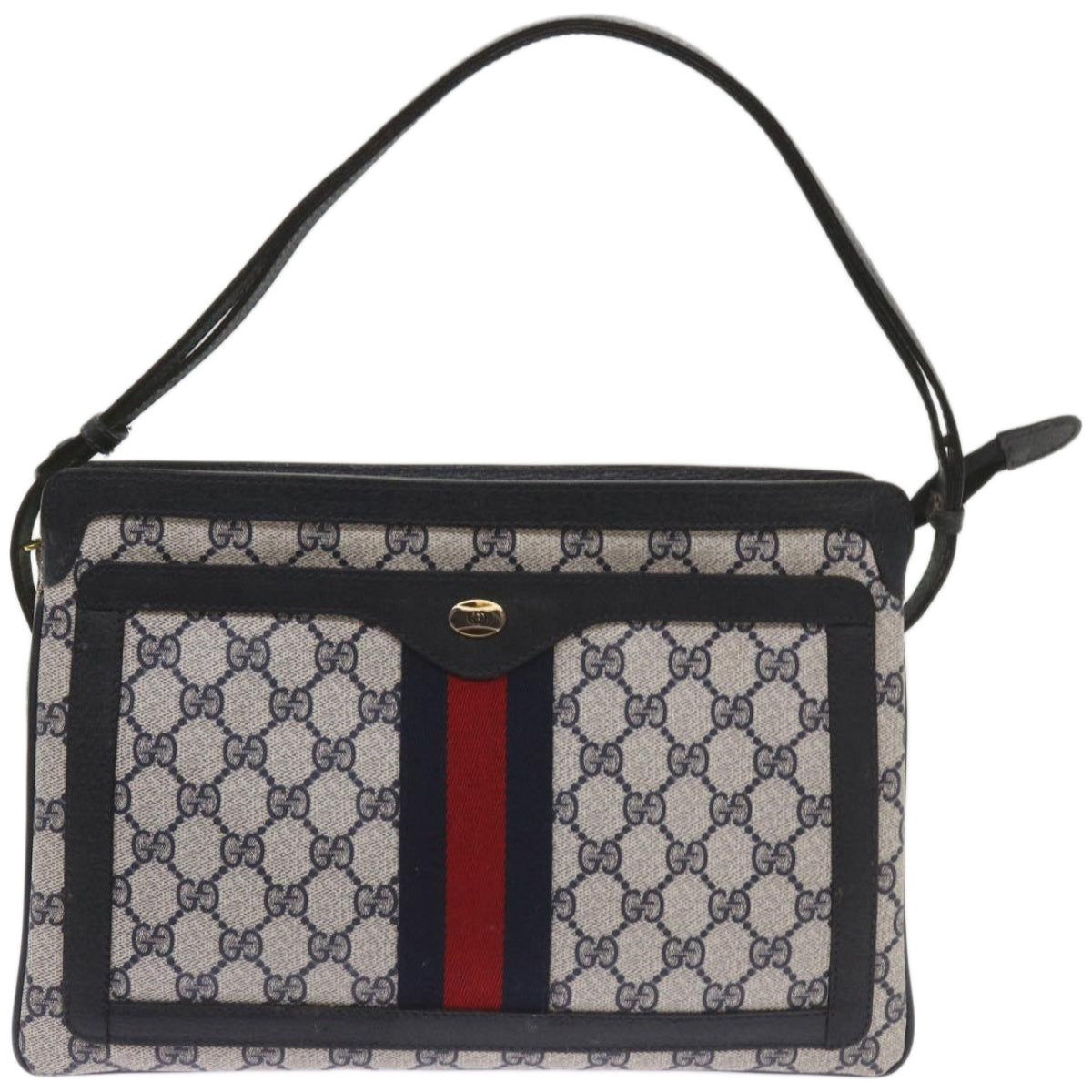 GUCCI GG Canvas Sherry Line Shoulder Bag PVC Navy Red Auth 66740