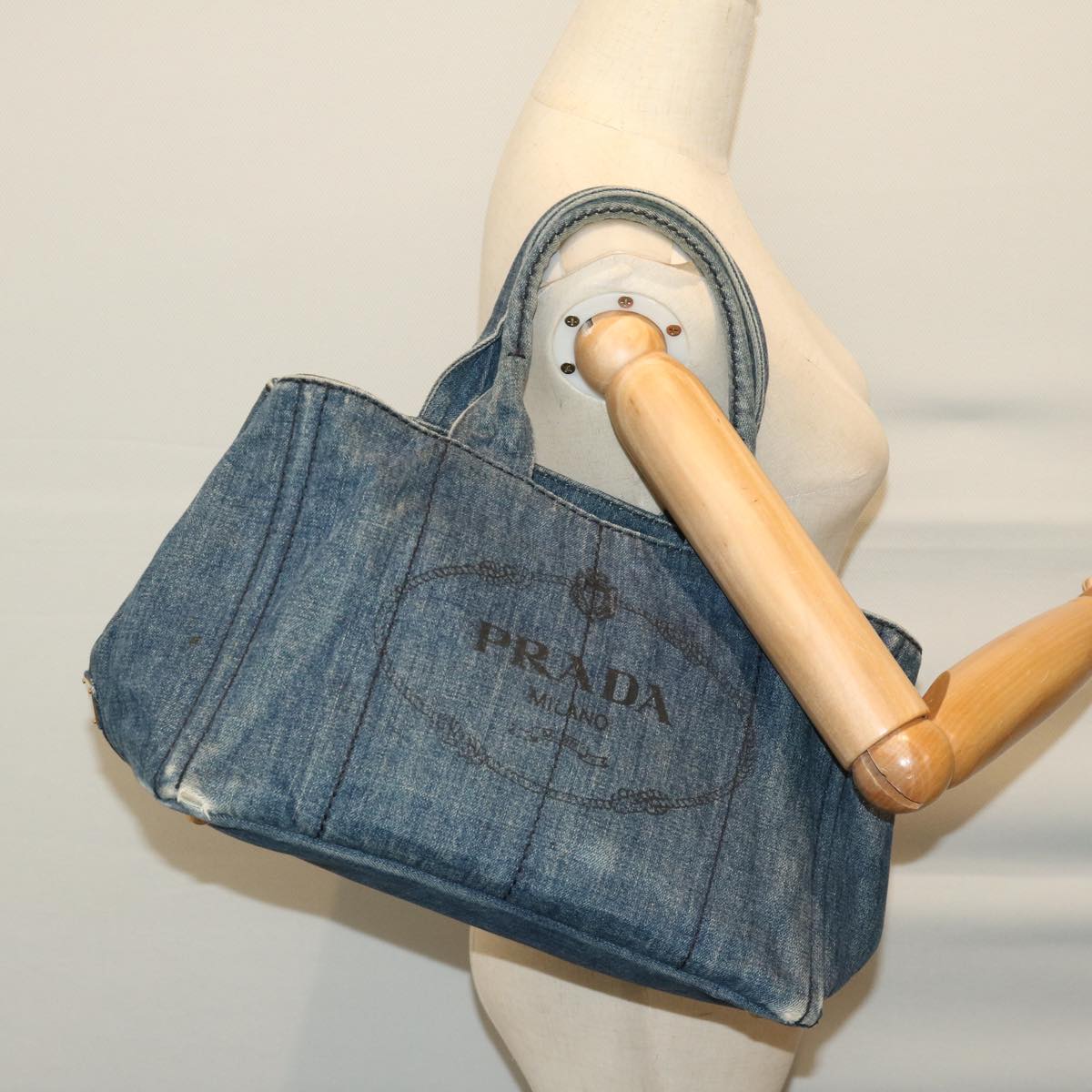 PRADA Canapa MM Hand Bag Canvas Blue Auth 66801