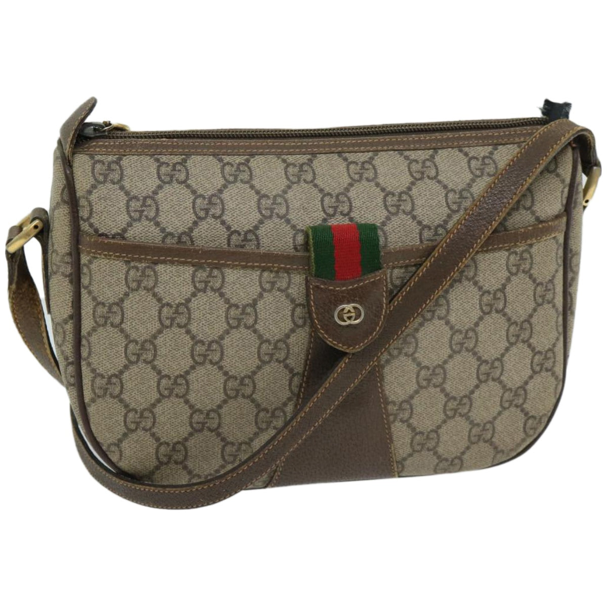 GUCCI GG Supreme Web Sherry Line Shoulder Bag Beige 001 123 6177 4023 Auth 66865