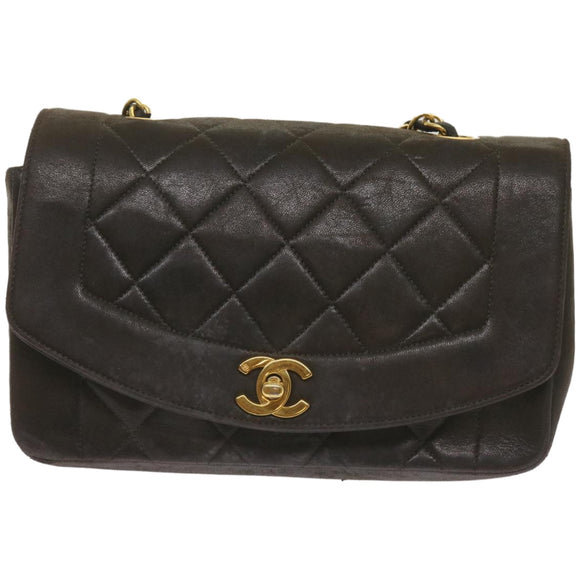 CHANEL Diana Matelasse Chain Shoulder Bag Leather Black CC Auth 66875