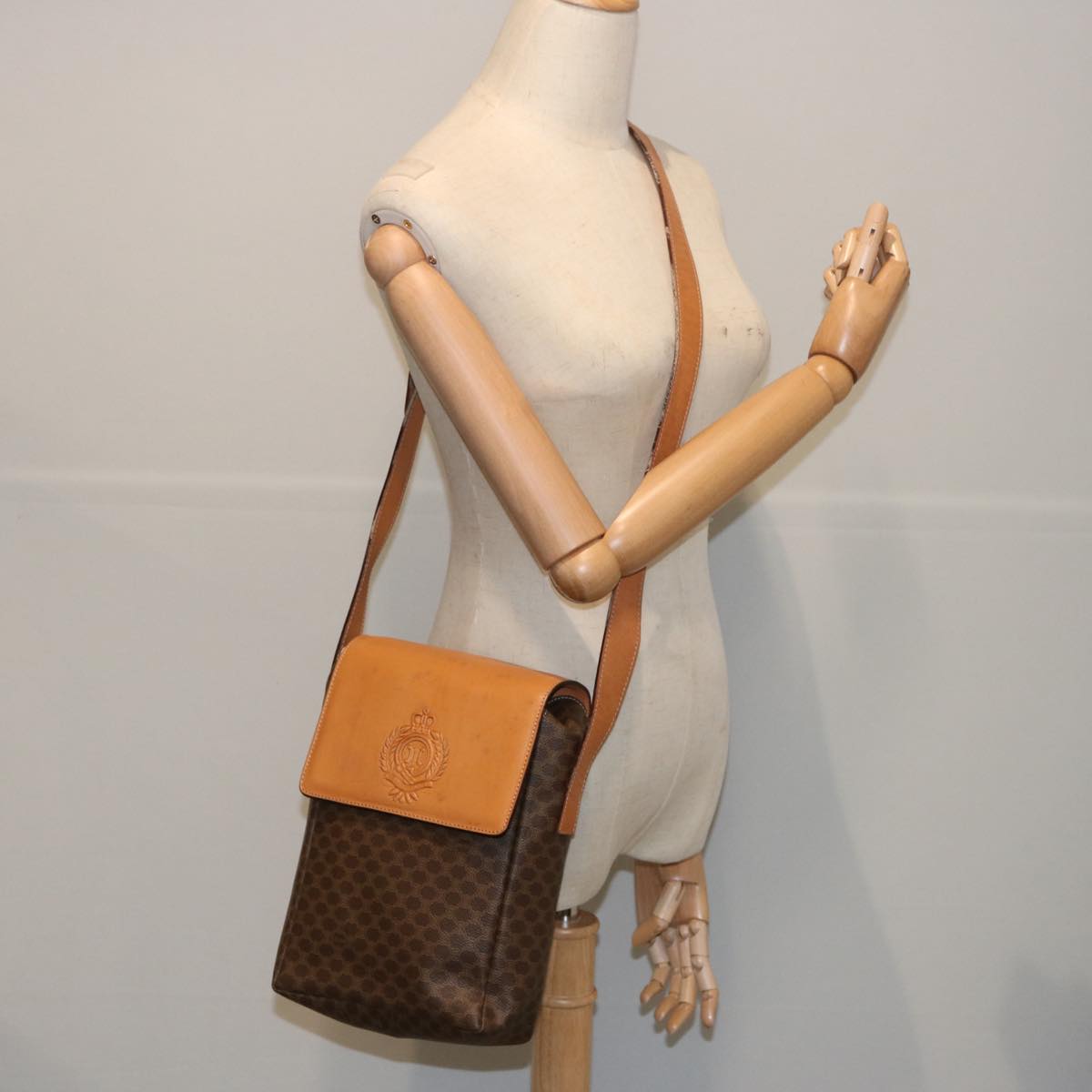 CELINE Macadam Canvas Shoulder Bag PVC Leather Brown Auth 66919