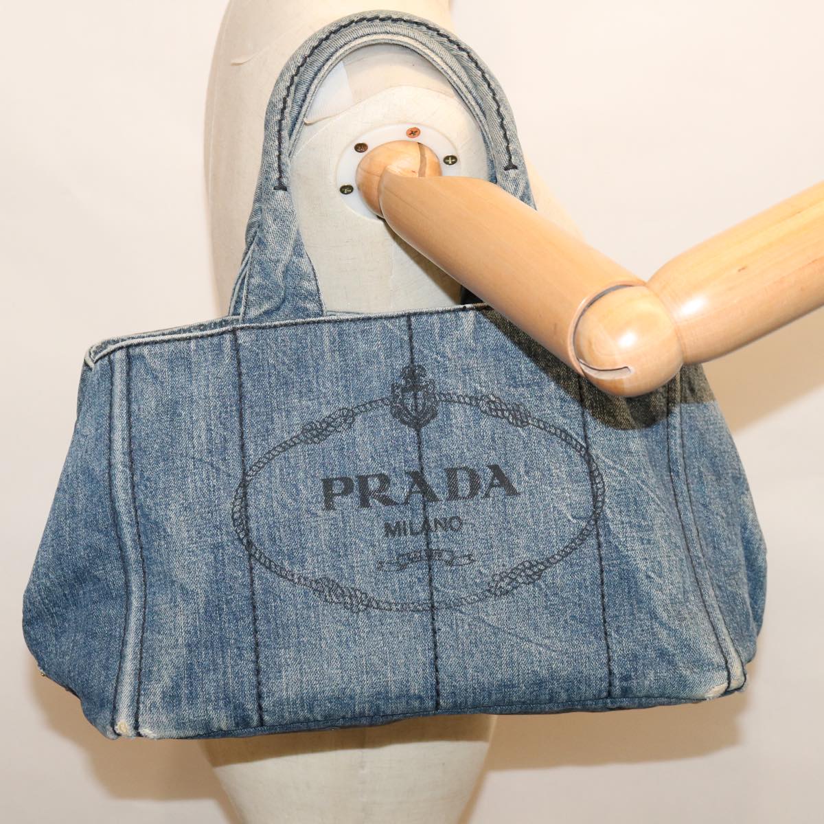 PRADA Canapa MM Hand Bag Denim Blue Auth 66920