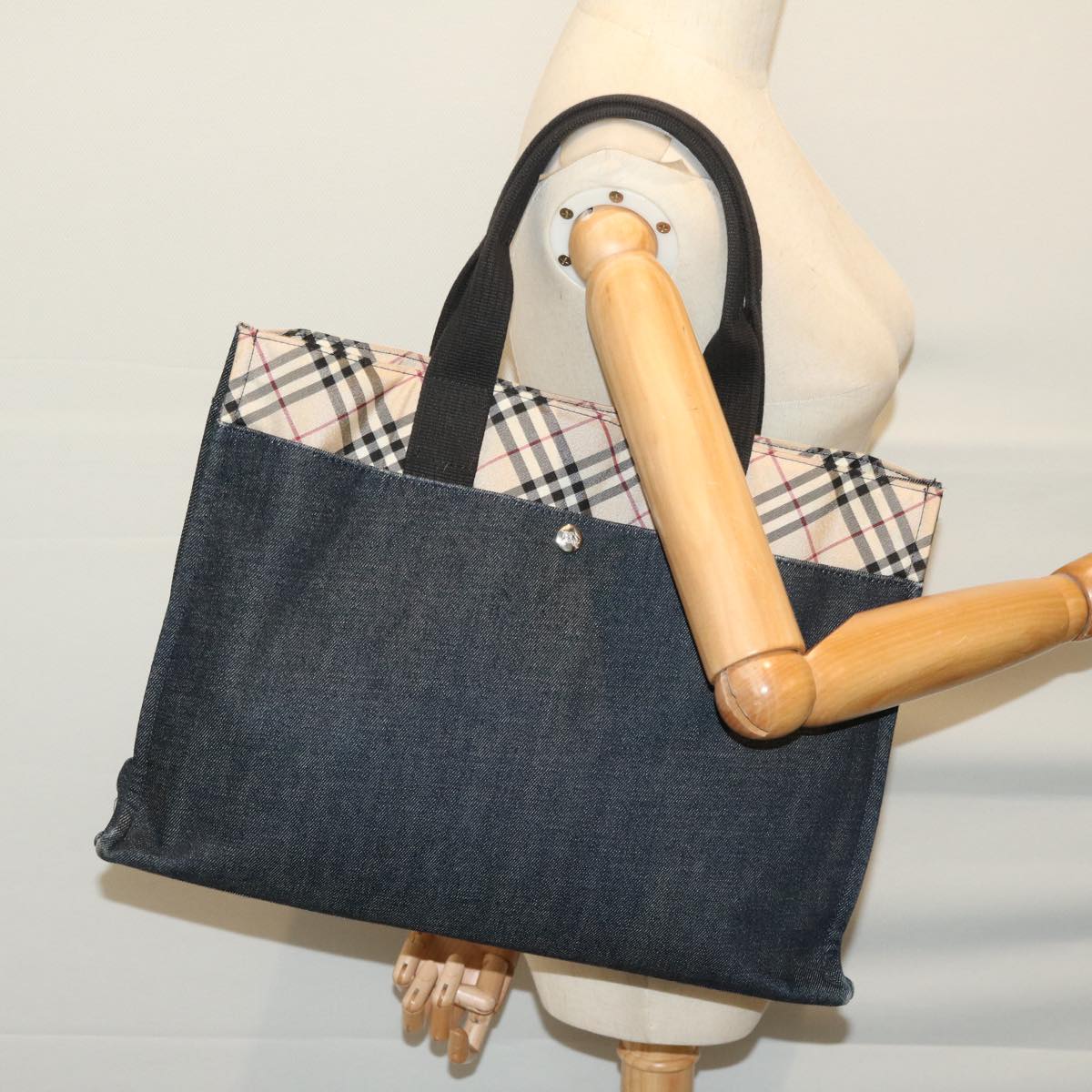 BURBERRY Blue Label Tote Bag Denim Navy Beige Auth 66955