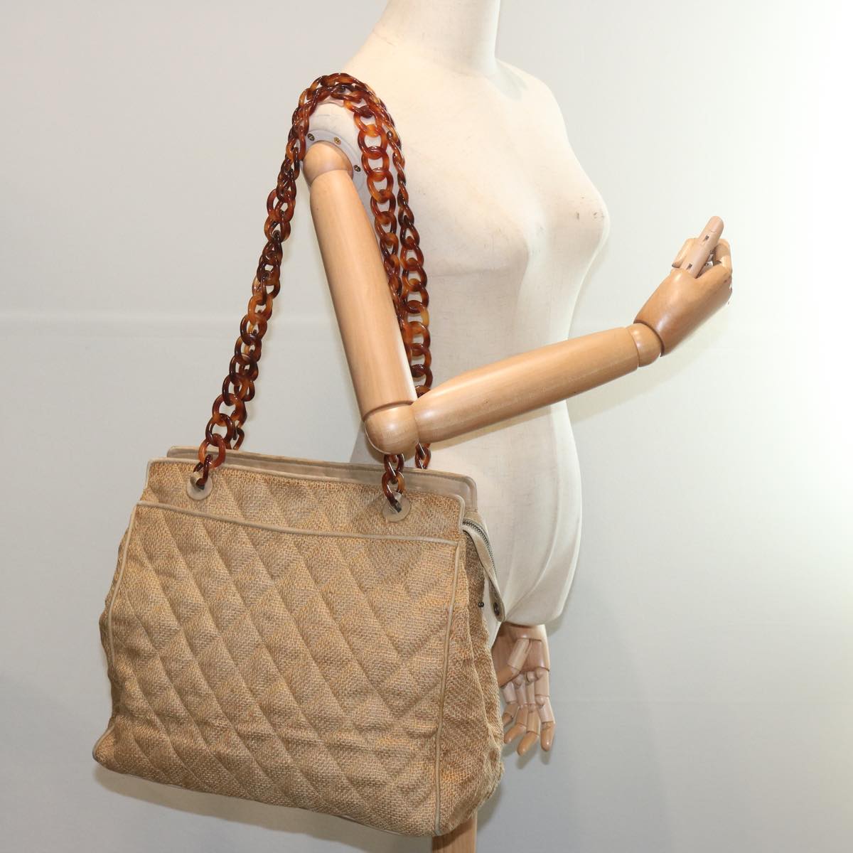 CHANEL Matelasse Tote Bag Straw Brown CC Auth 66963