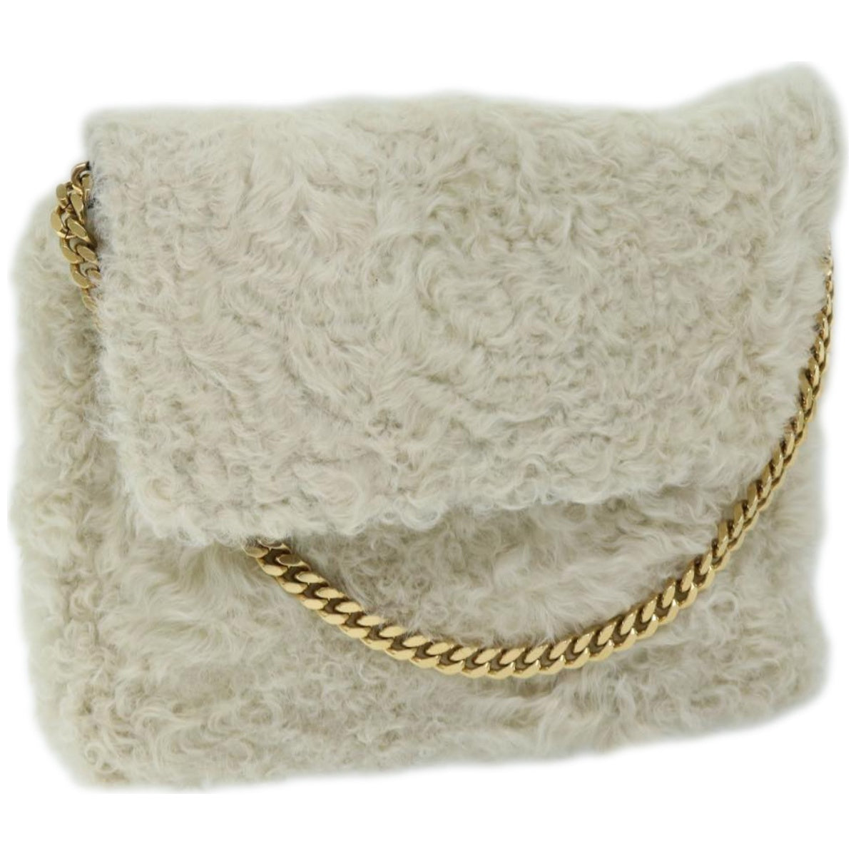 CELINE Chain Shoulder Bag Wool White Auth 66964