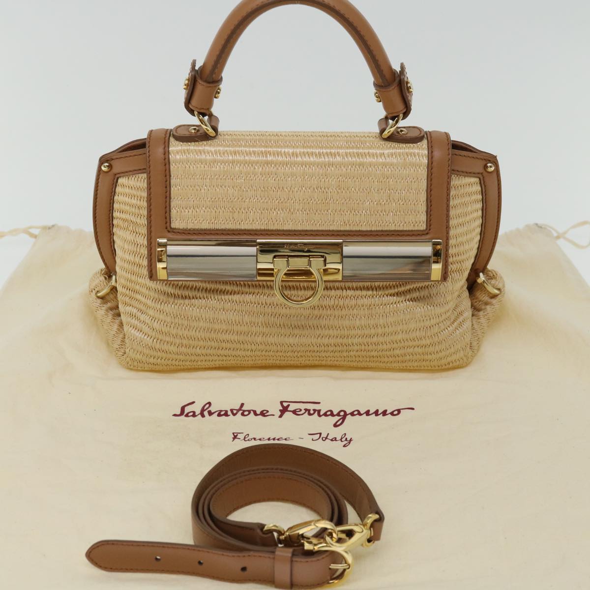 Salvatore Ferragamo Sofia Gancini Hand Bag Straw 2way Beige Auth 67016A