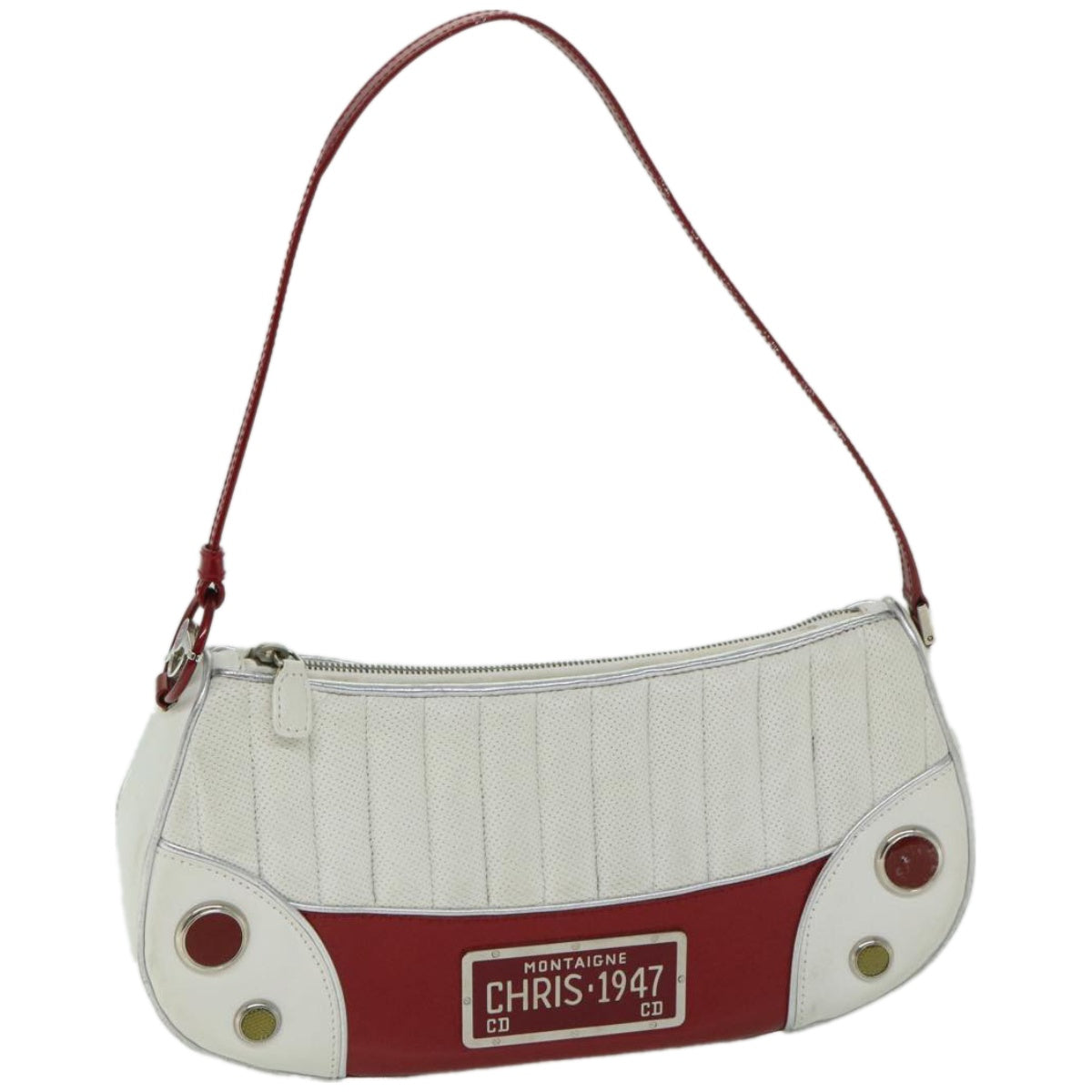 Christian Dior Montaigne Trailer Shoulder Bag Leather White Red Auth 67018