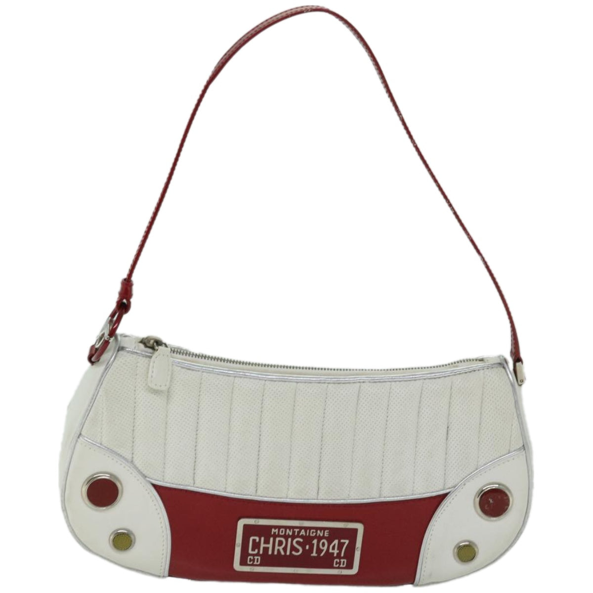 Christian Dior Montaigne Trailer Shoulder Bag Leather White Red Auth 67018