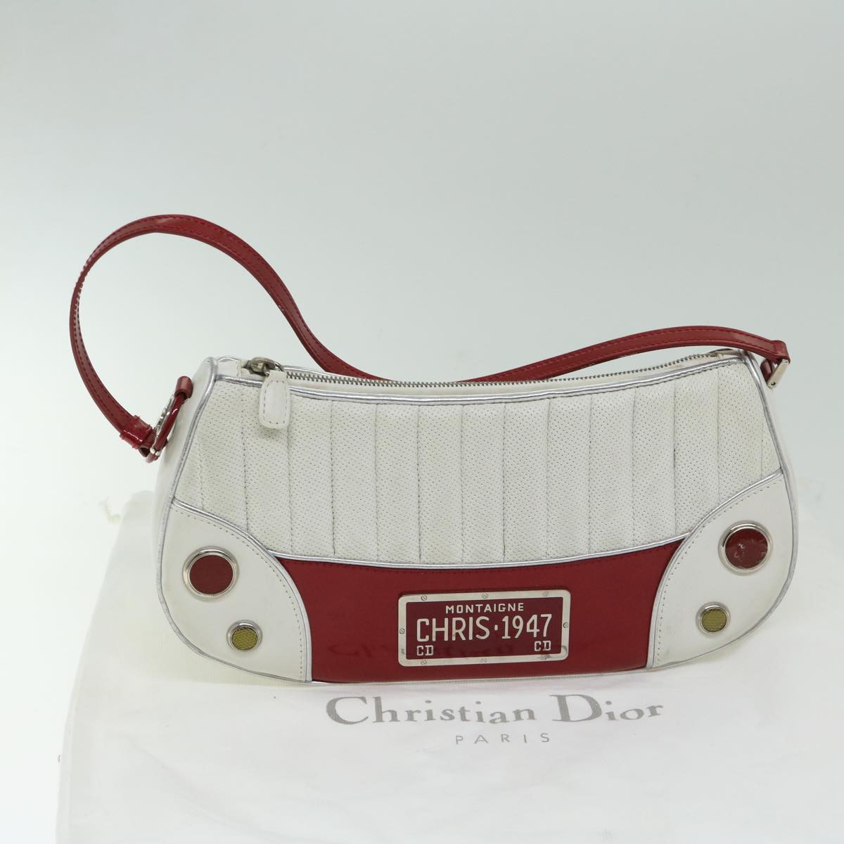 Christian Dior Montaigne Trailer Shoulder Bag Leather White Red Auth 67018