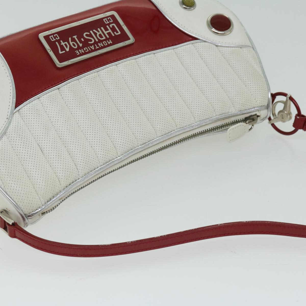 Christian Dior Montaigne Trailer Shoulder Bag Leather White Red Auth 67018