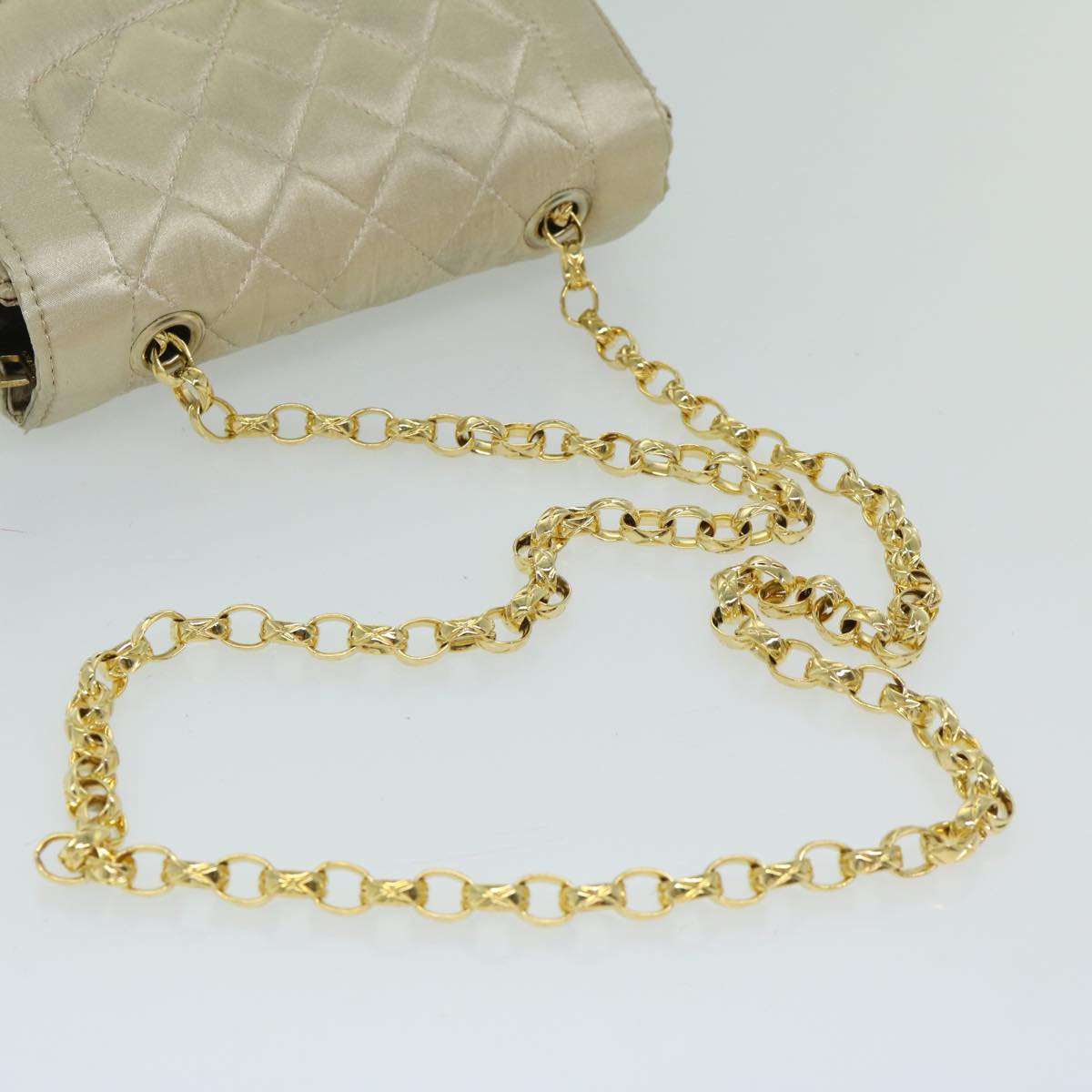 CHANEL Matelasse Chain Shoulder Bag Satin Gold CC Auth 67057A