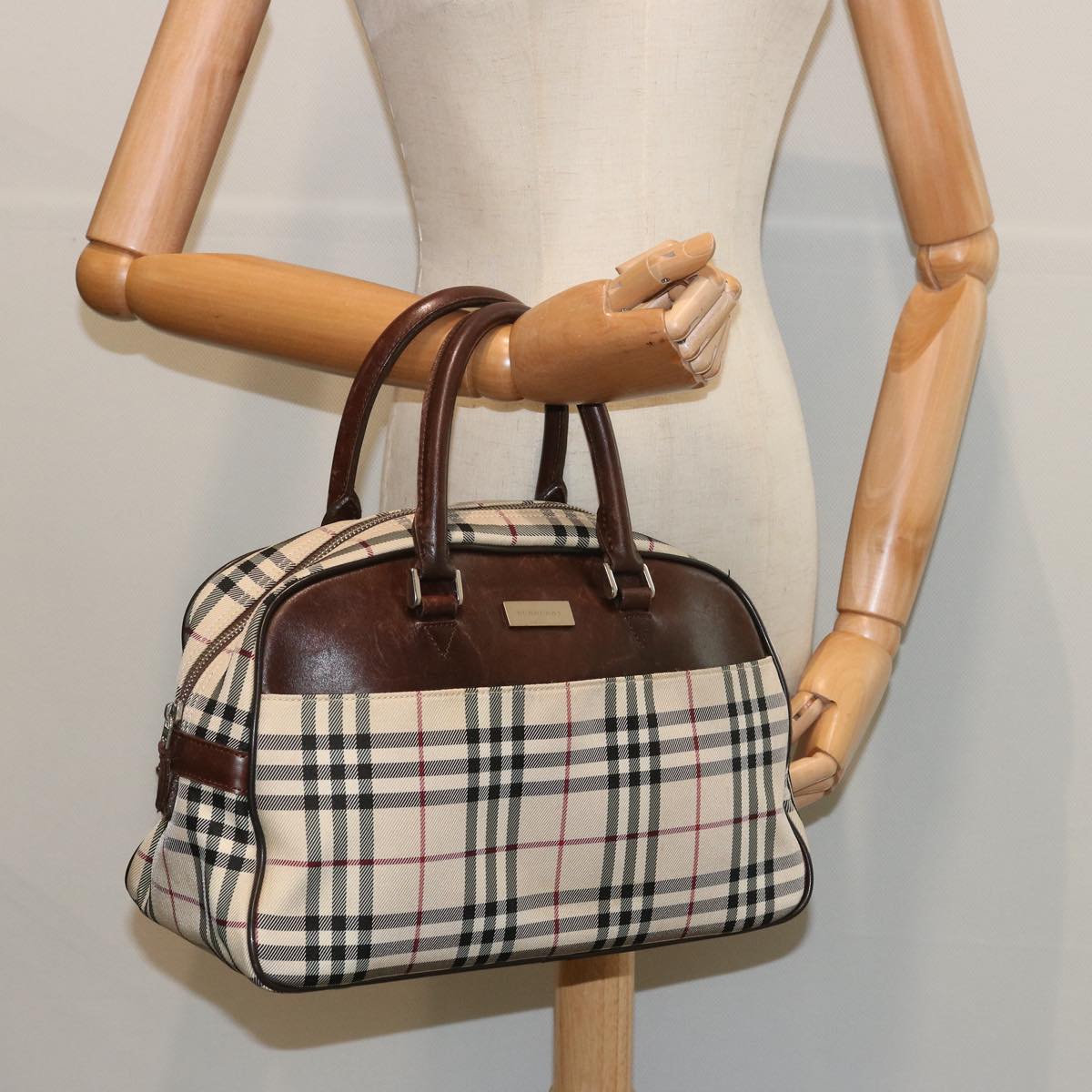 BURBERRY Nova Check Boston Bag Canvas Beige Auth 67063