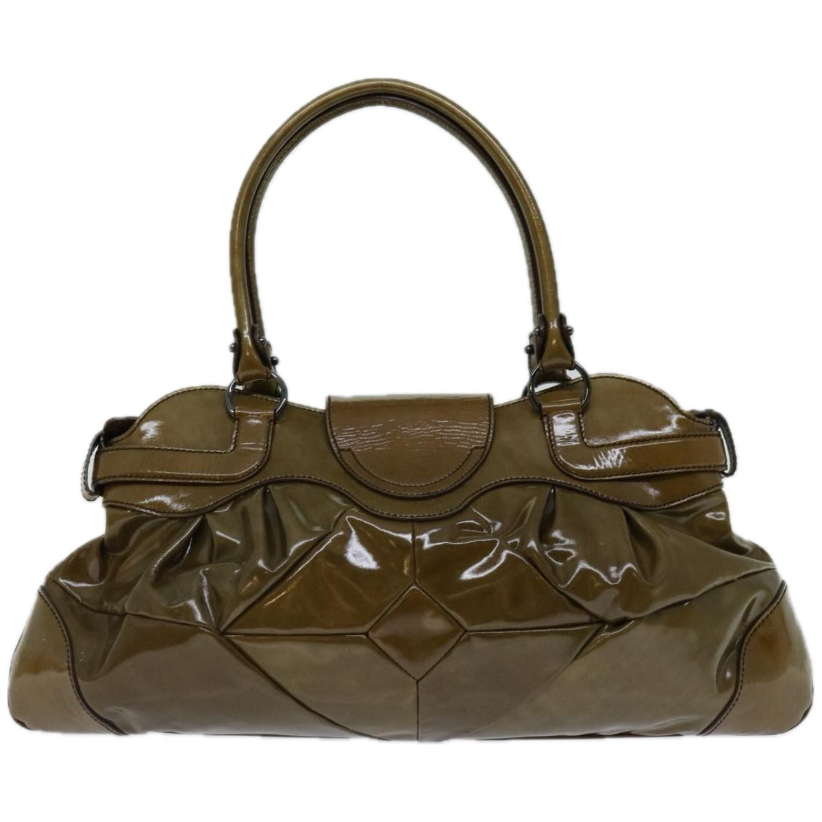 Salvatore Ferragamo Gancini Hand Bag Patent leather Khaki Auth 67073