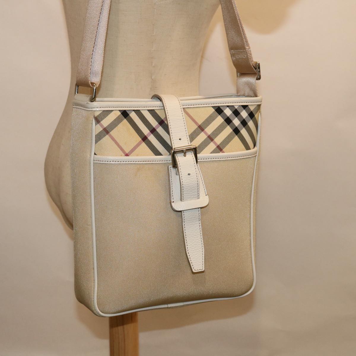 BURBERRY Nova Check Shoulder Bag Canvas Beige Auth 67083