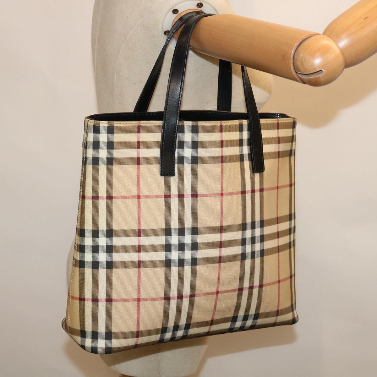 BURBERRY Nova Check Hand Bag PVC Beige Black Auth 67112