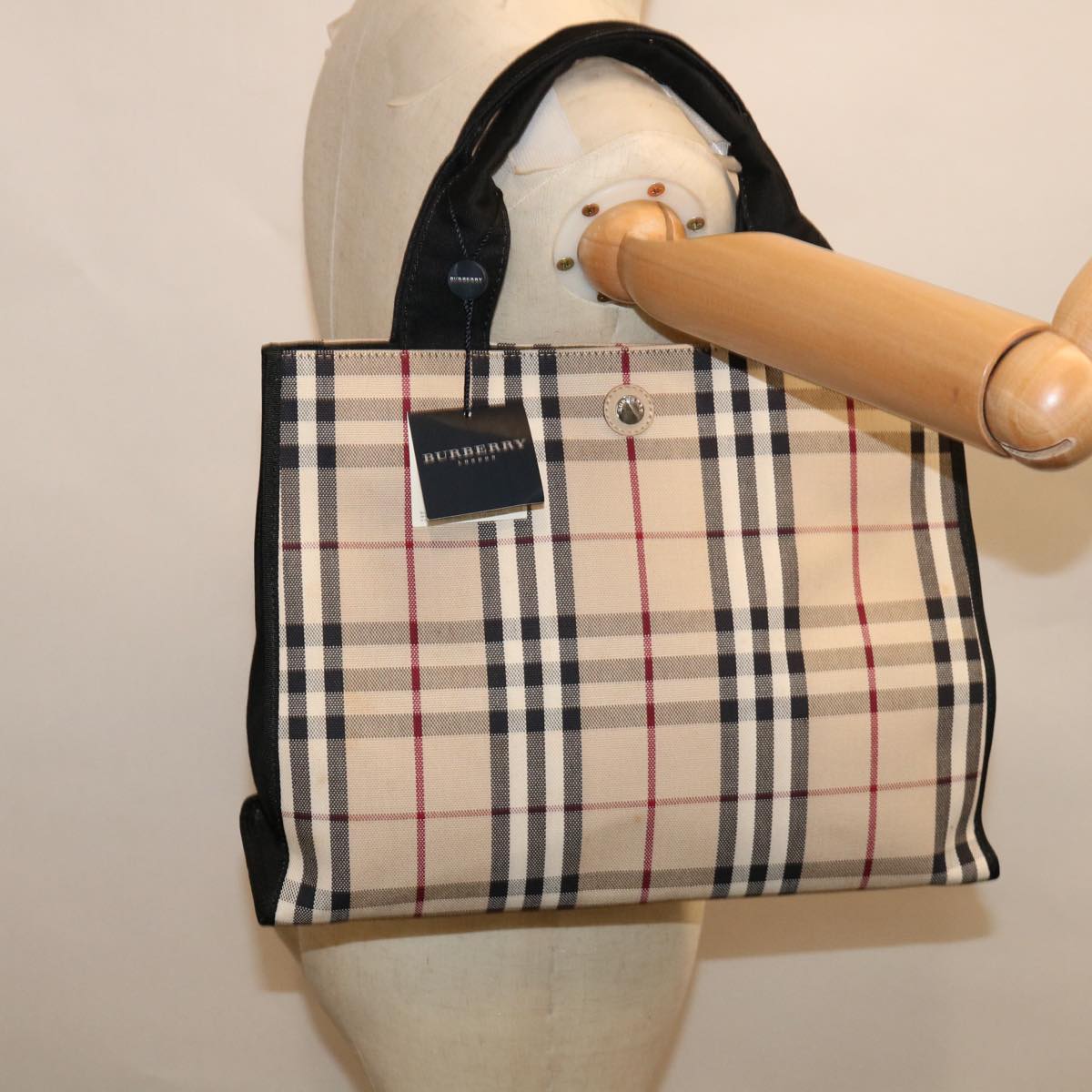 BURBERRY Nova Check Hand Bag Canvas Beige Black Auth 67116