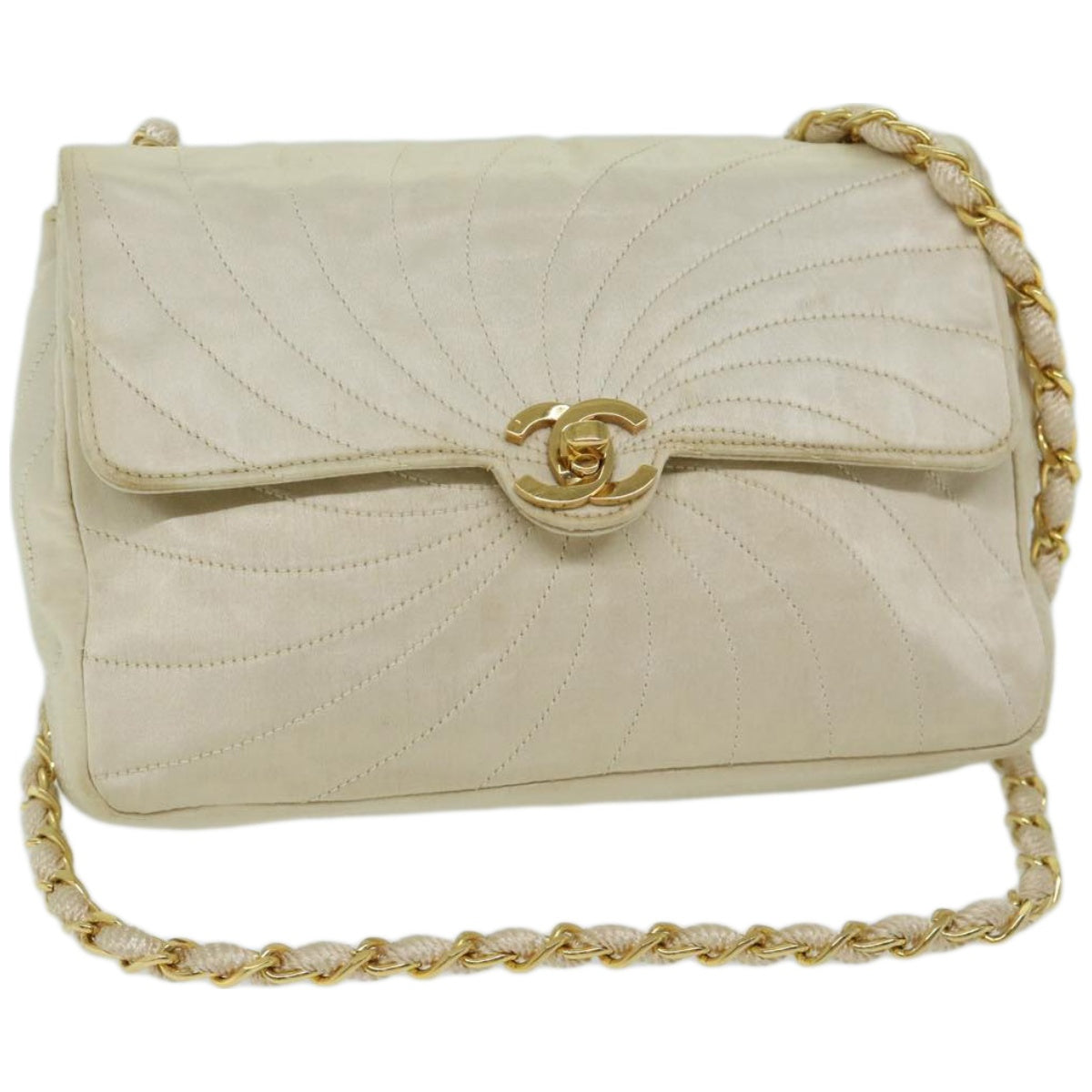 CHANEL Chain Shoulder Bag Silk Cream CC Auth 67175A