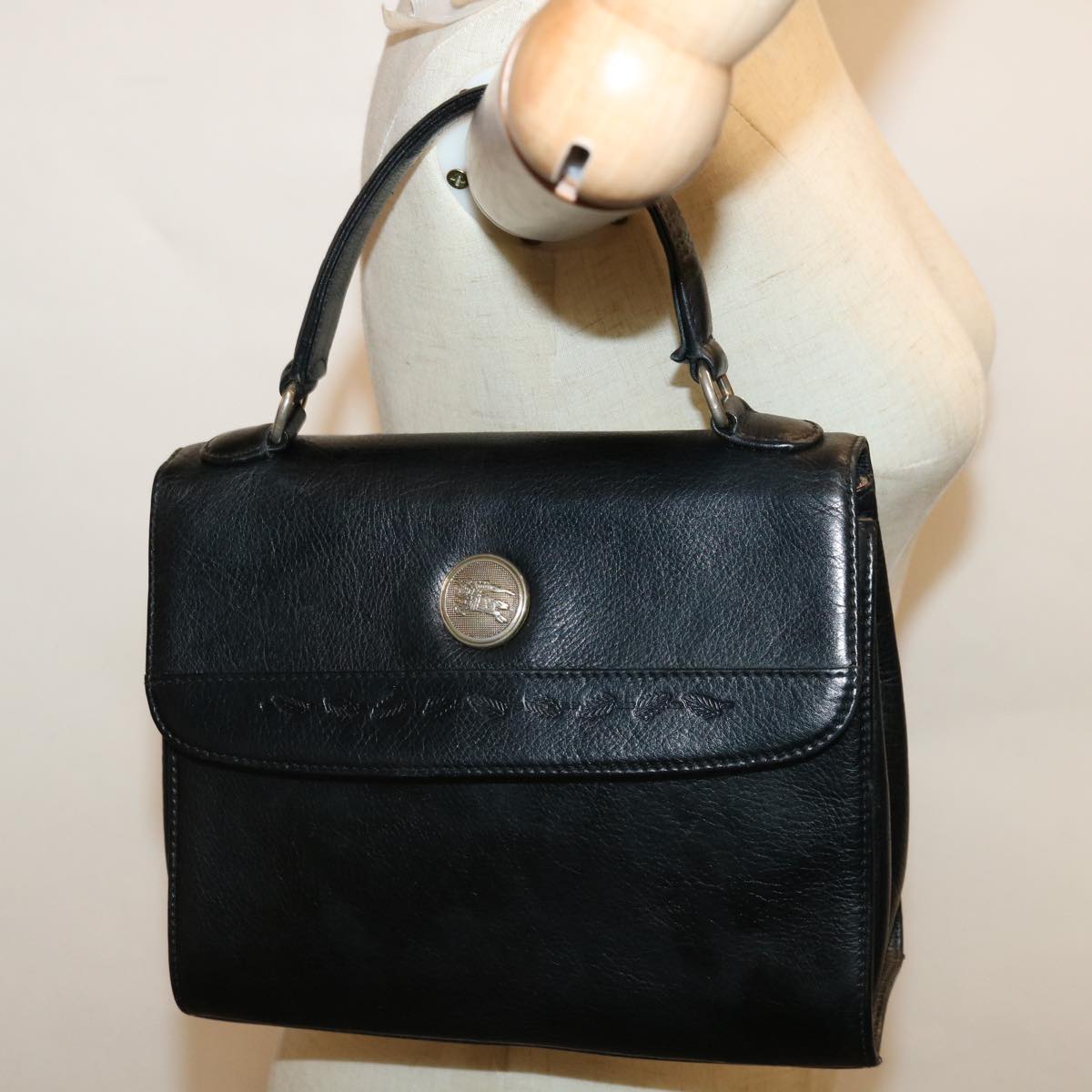 Burberrys Hand Bag Leather Black Auth 67181