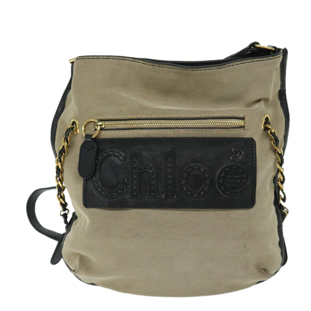 Chloe Harley Shoulder Bag Canvas Leather Beige Black Auth 67269 - 0