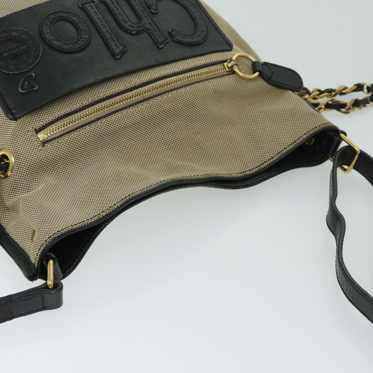 Chloe Harley Shoulder Bag Canvas Leather Beige Black Auth 67269