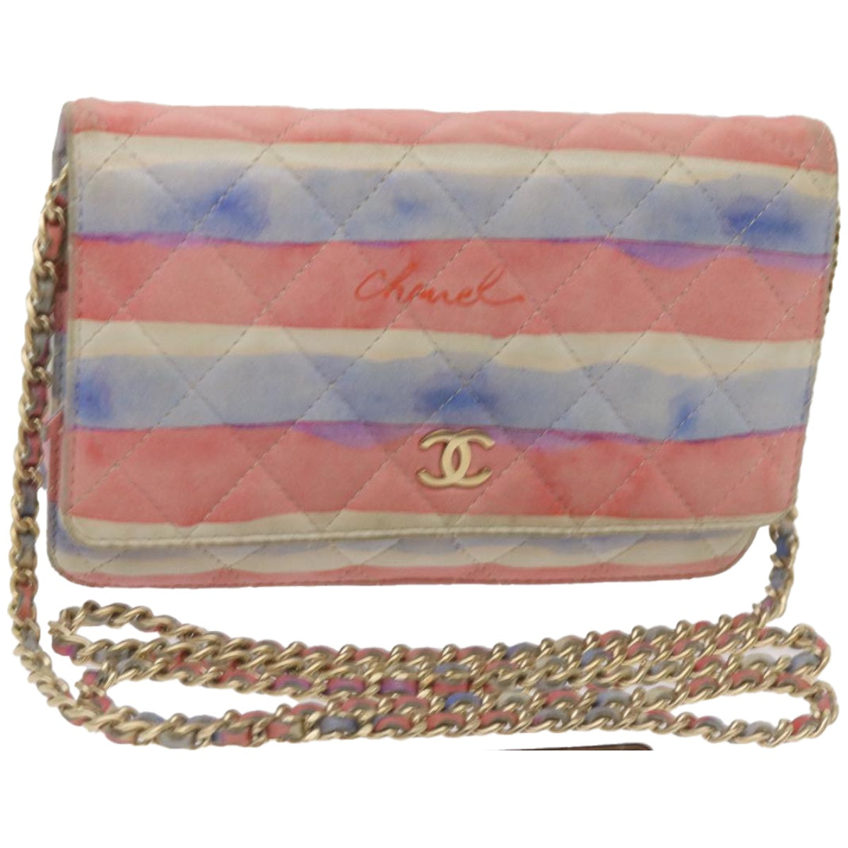 CHANEL Chain Shoulder Bag Leather Blue Red CC Auth 67372A