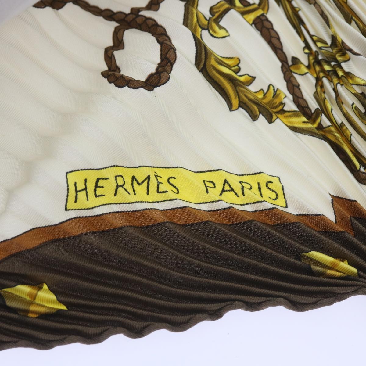 HERMES Carre Pleated LES CLES Scarf Silk Brown Auth 67424