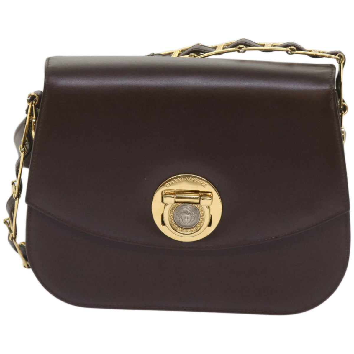 Gianni Versace Shoulder Bag Leather Dark Brown Auth 67428