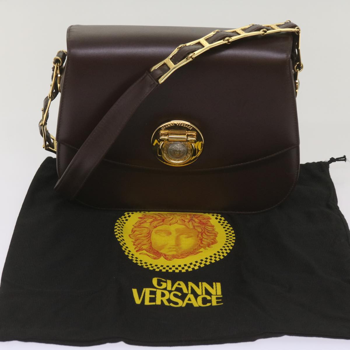 Gianni Versace Shoulder Bag Leather Dark Brown Auth 67428