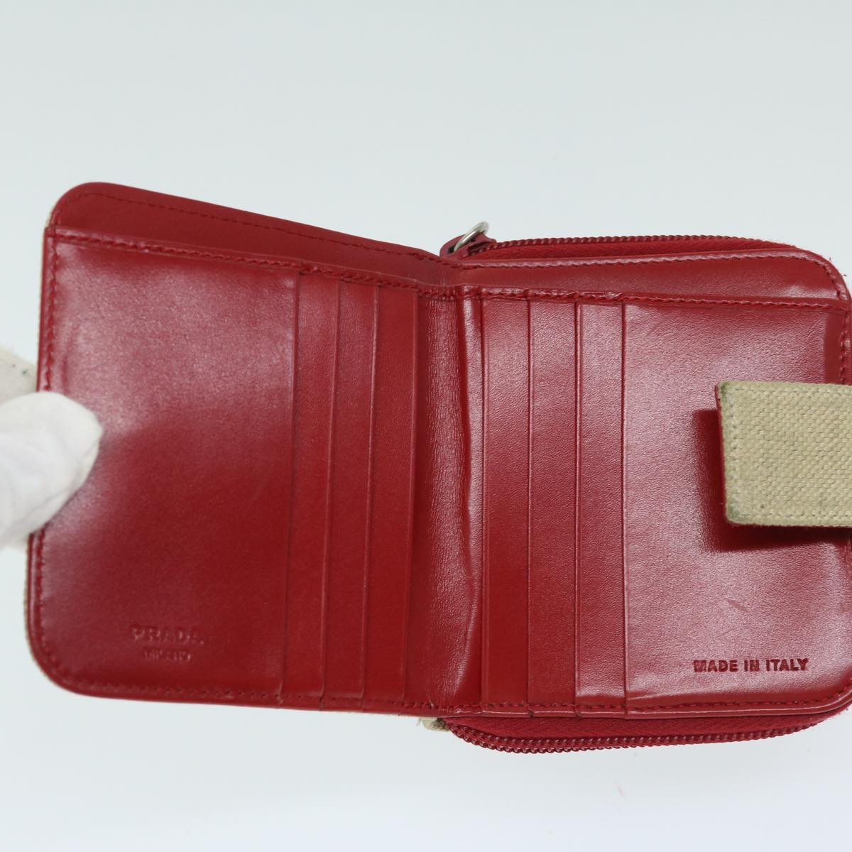 PRADA Wallet Canvas Beige Red Auth 67550