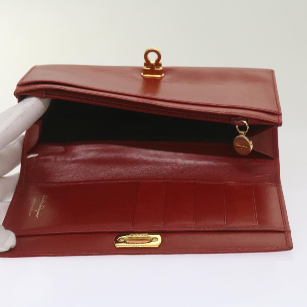 Salvatore Ferragamo Gancini Wallet Leather 4Set Navy Gray Red Auth 67552