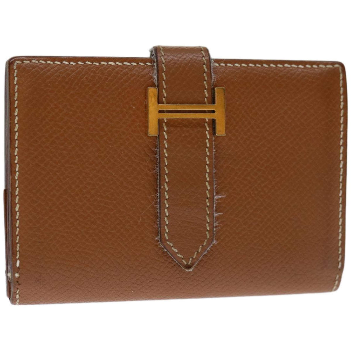 HERMES Bearn Card Case Leather Brown Auth 67553