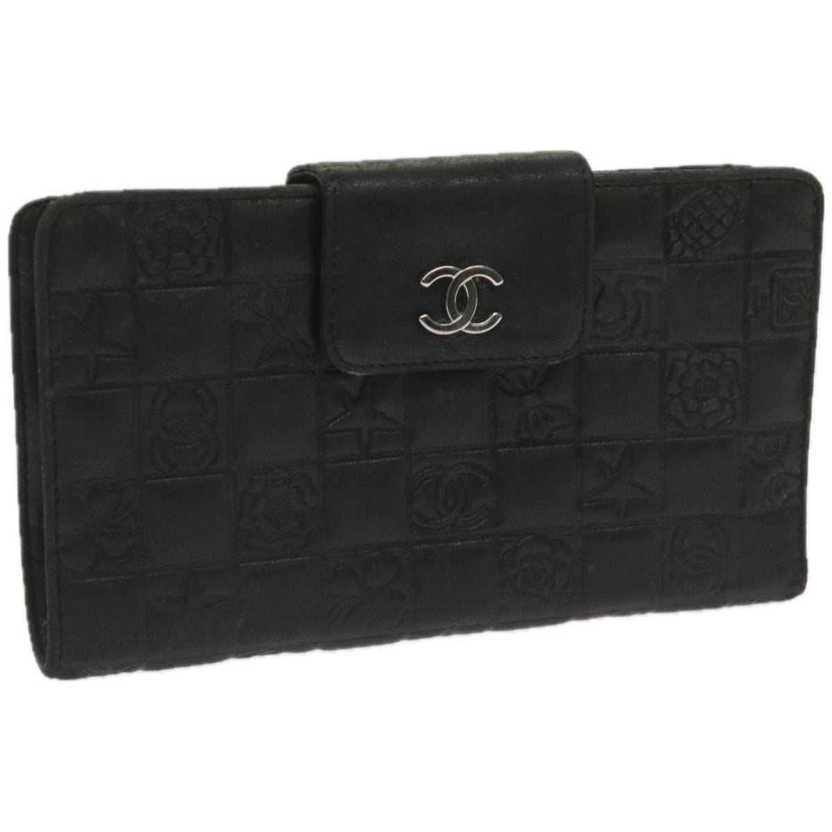 CHANEL Long Wallet No5 Canvas Leather Black CC Auth 67566