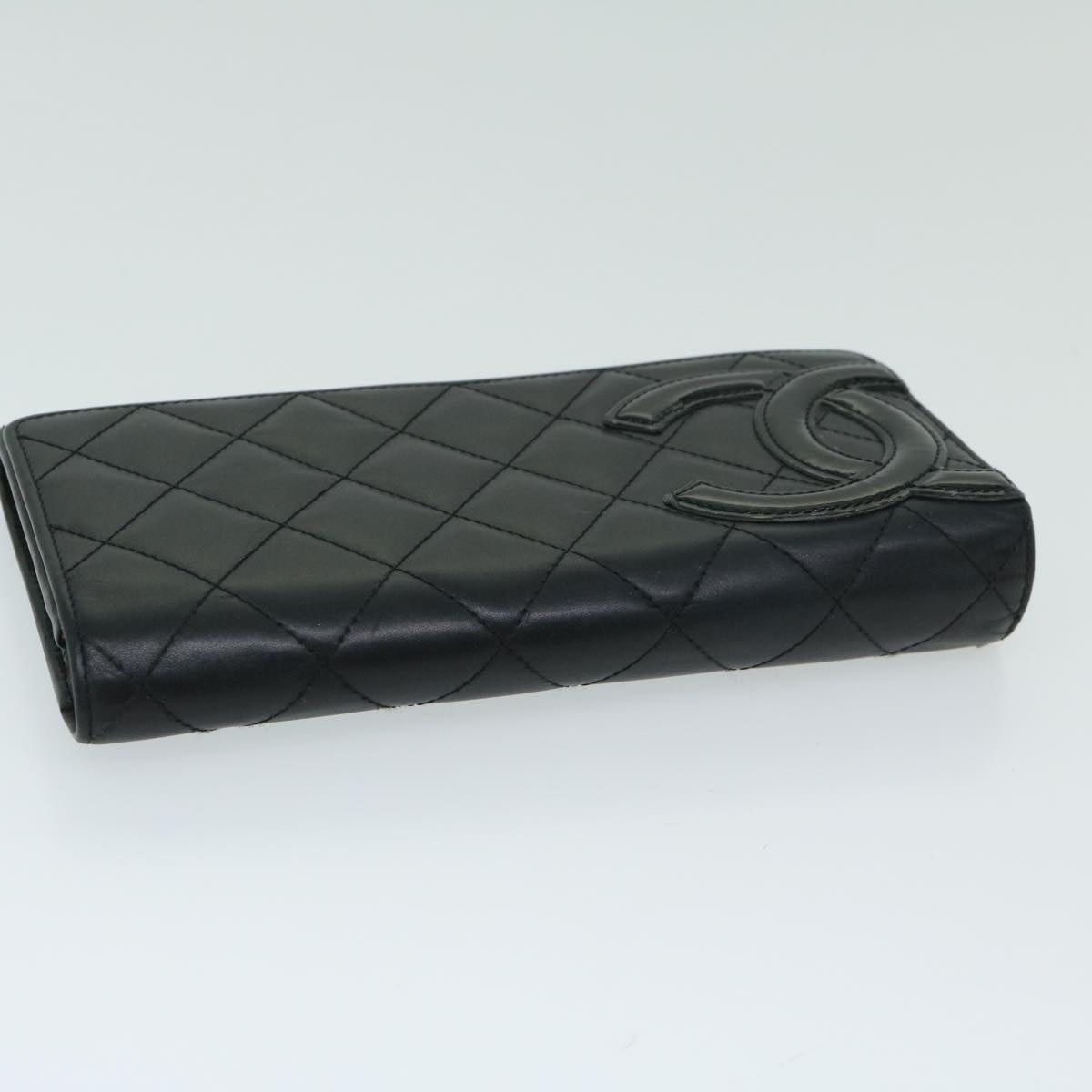 CHANEL Cambon Line Long Wallet Leather Black CC Auth 67567