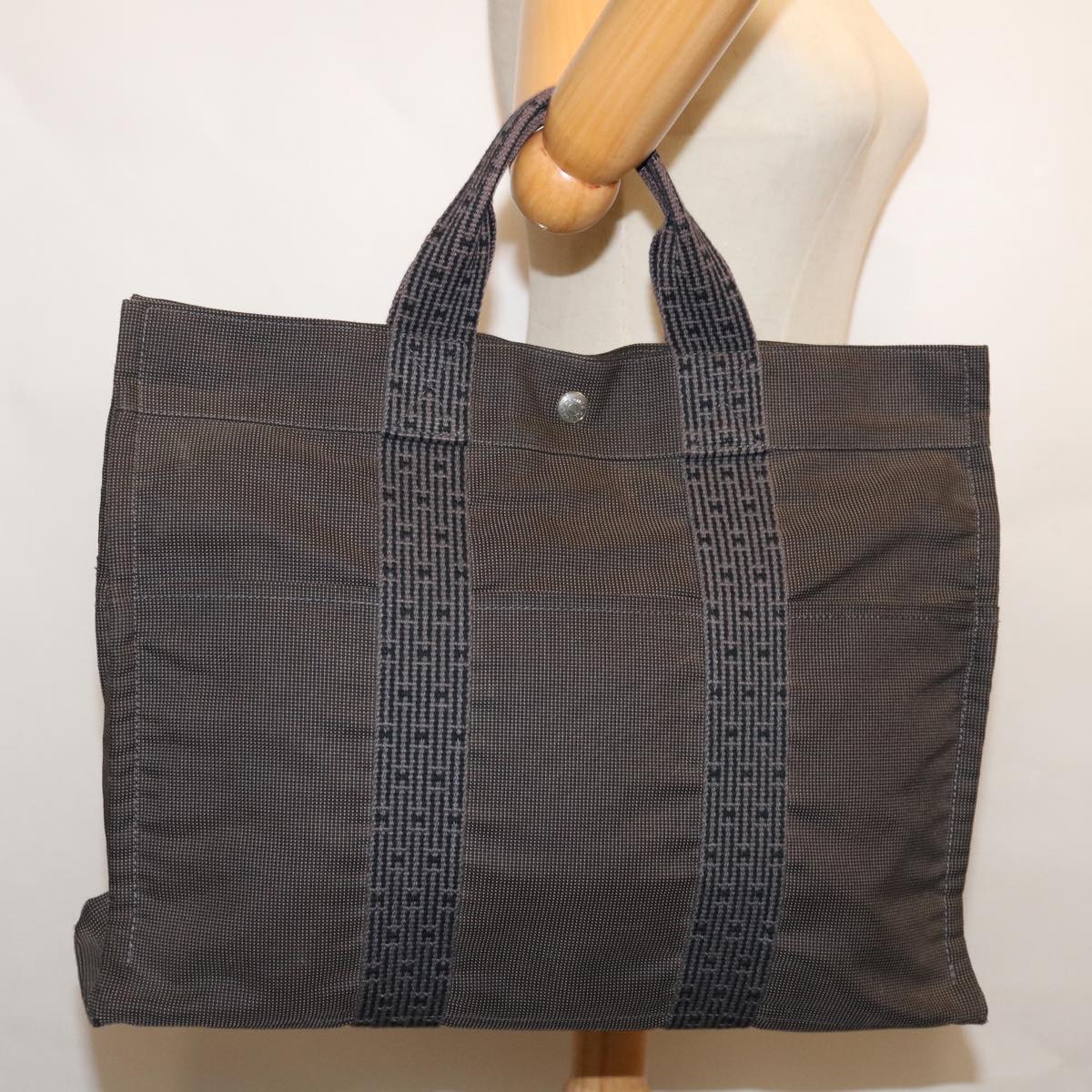 HERMES Her Line Tote Bag Canvas Gray Auth 67599
