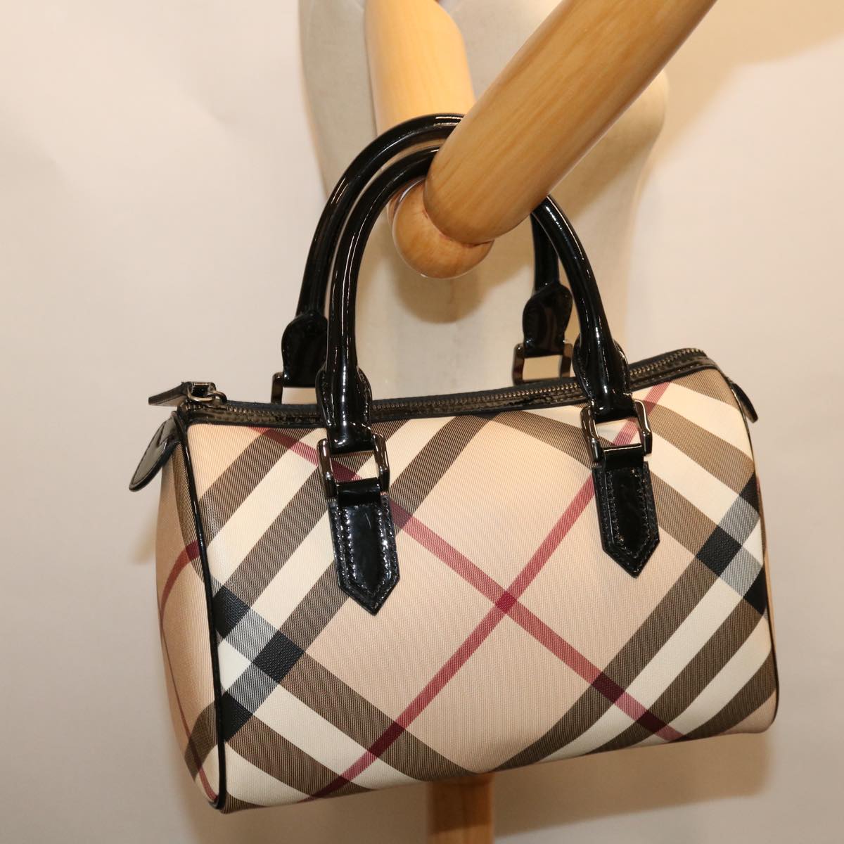 BURBERRY Nova Check Hand Bag Coated Canvas Beige Auth 67653