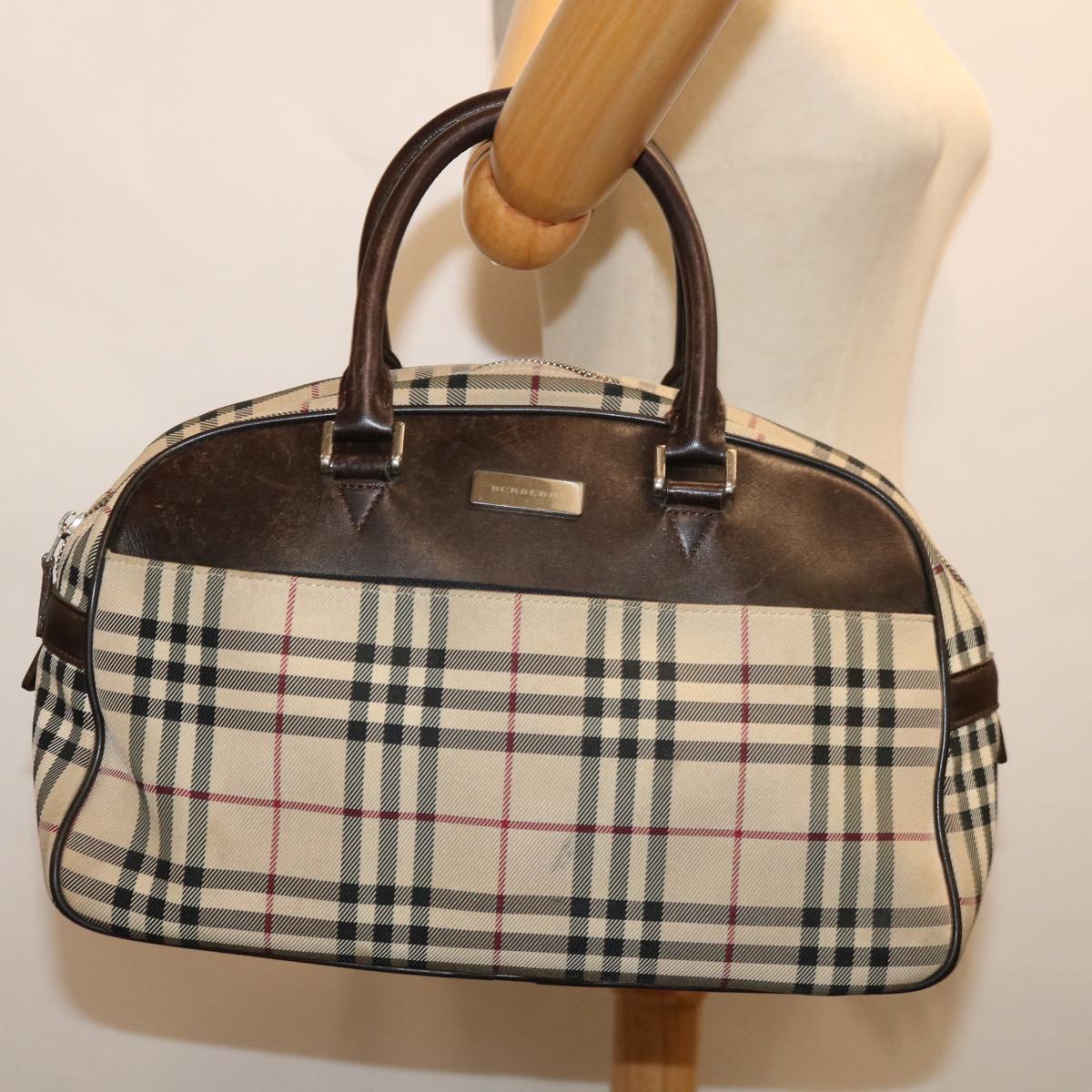 BURBERRY Nova Check Boston Bag Canvas Beige Auth 67656