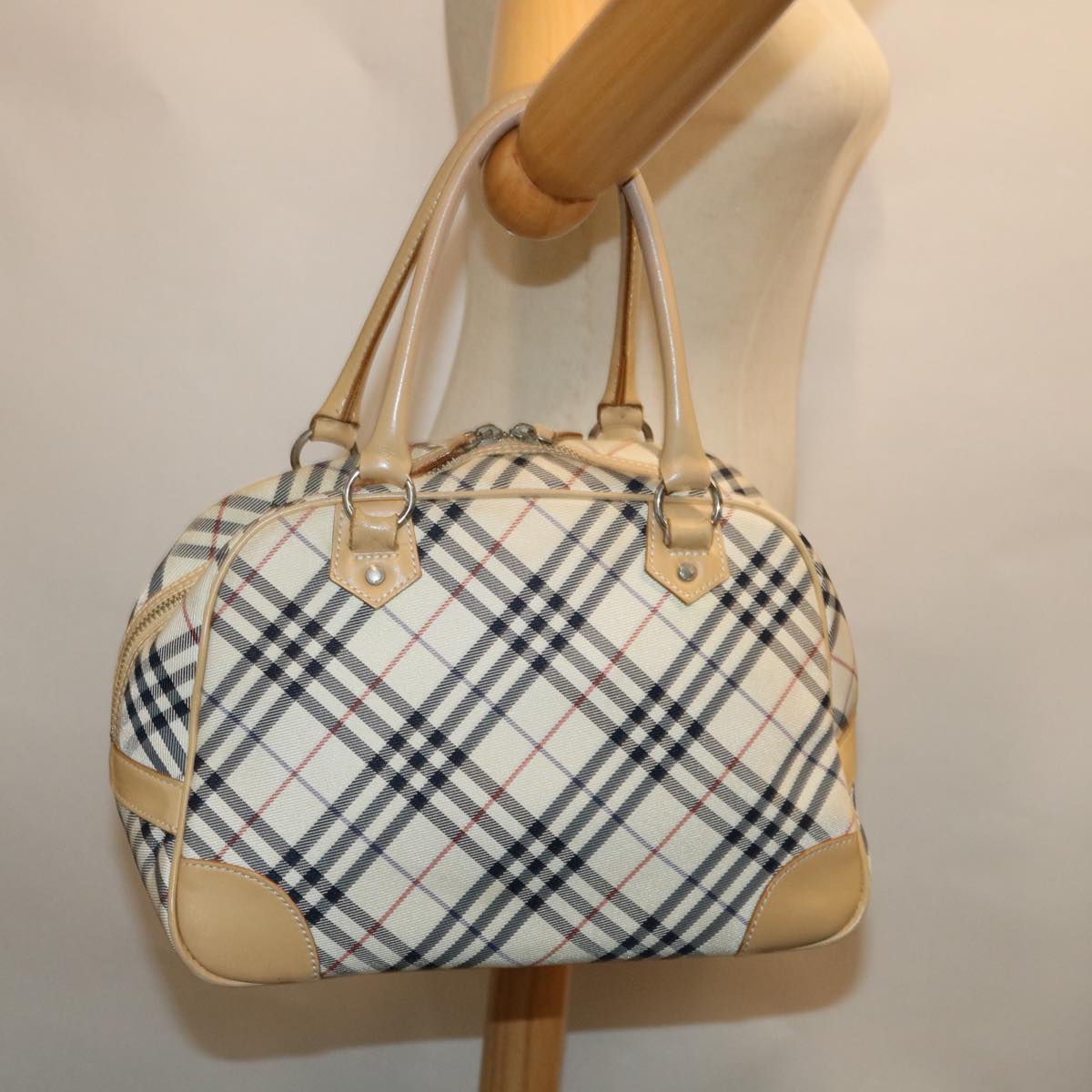 BURBERRY Nova Check Blue Label Hand Bag Nylon Beige Auth 67668