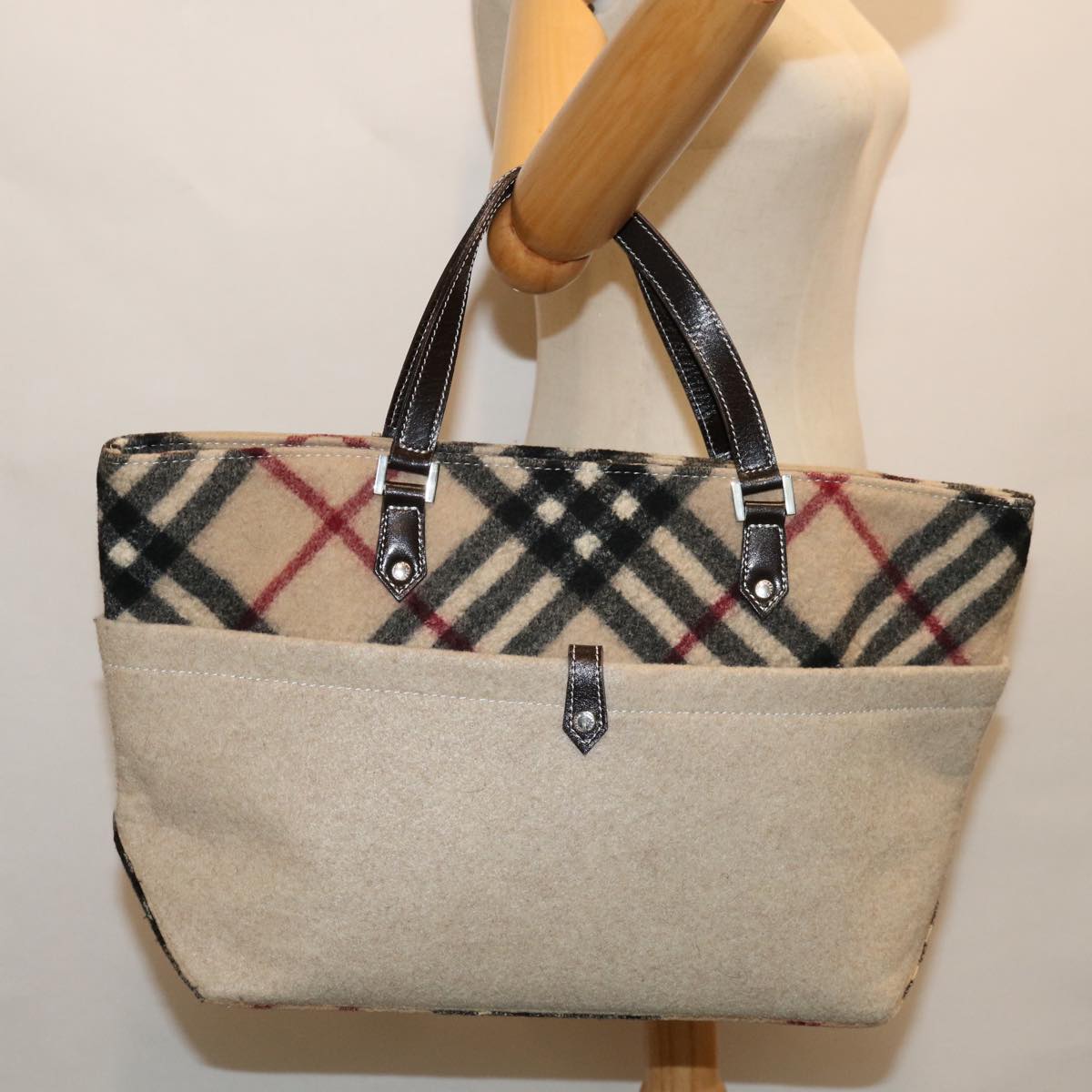 BURBERRY Blue Label Tote Bag Wool Beige Auth 67670