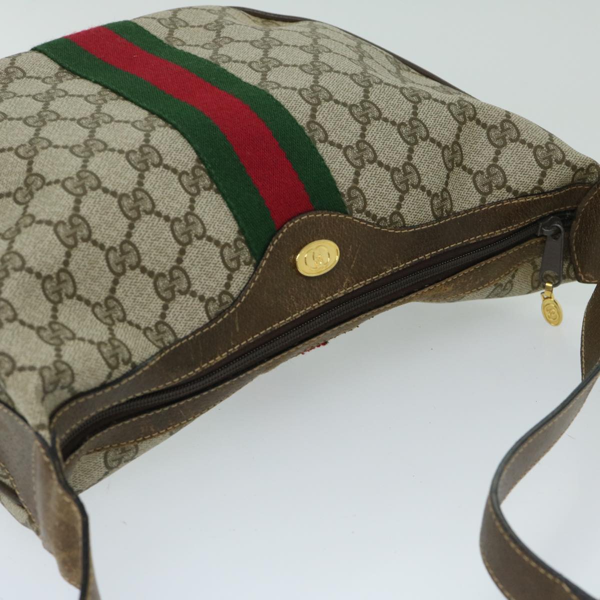 GUCCI GG Supreme Web Sherry Line Shoulder Bag Beige Green 10 2 3840 Auth 68016