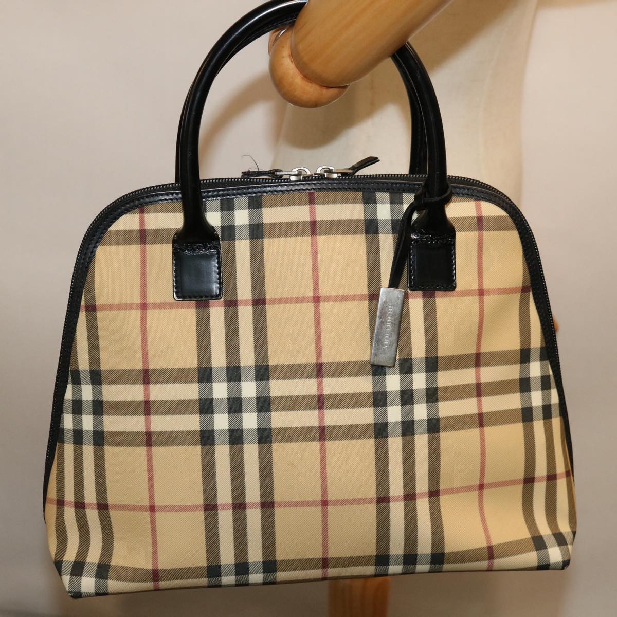 BURBERRY Nova Check Hand Bag Coated Canvas Beige Auth 68020