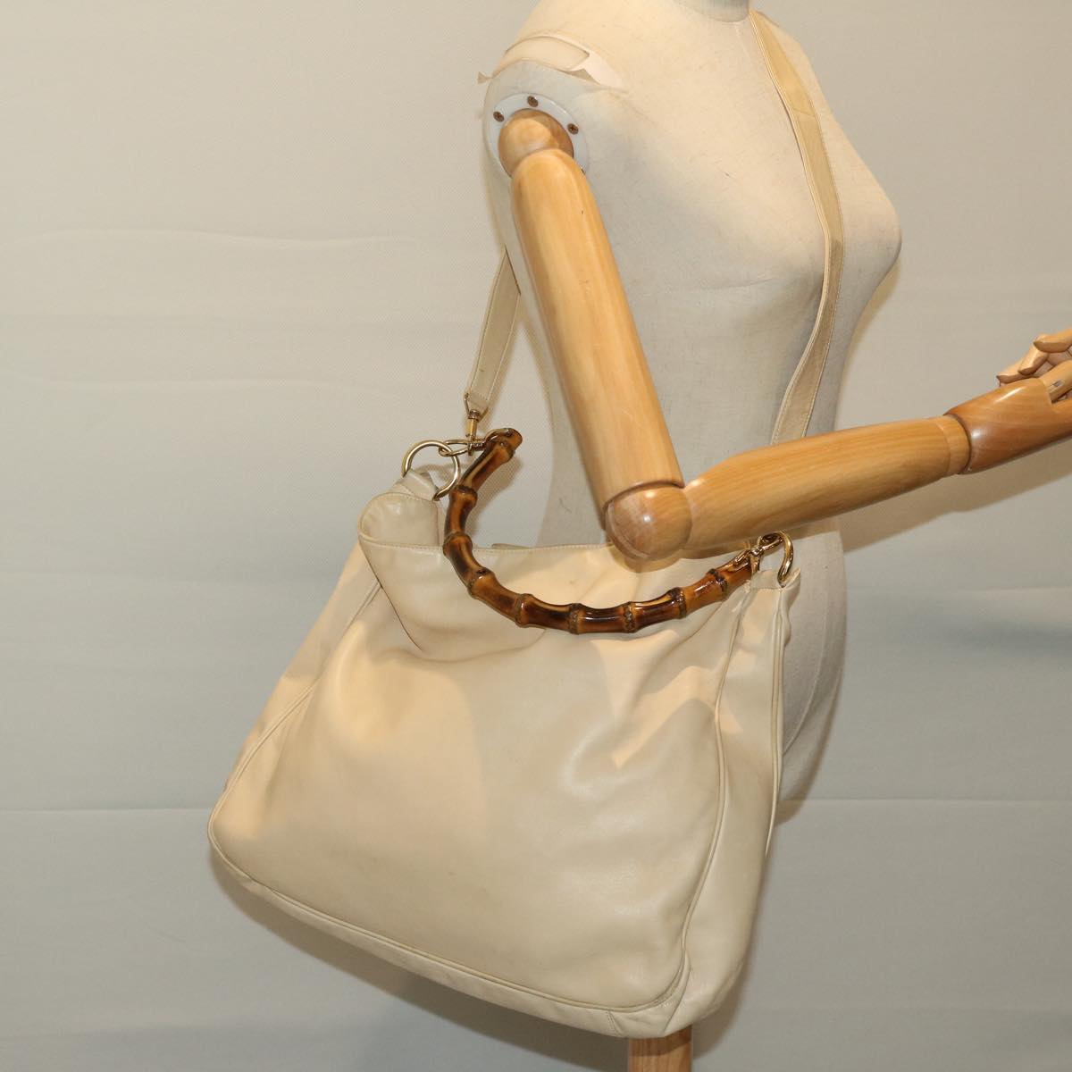 GUCCI Bamboo Shoulder Bag Leather Outlet 2way Cream 001 8577 1998 Auth 68062