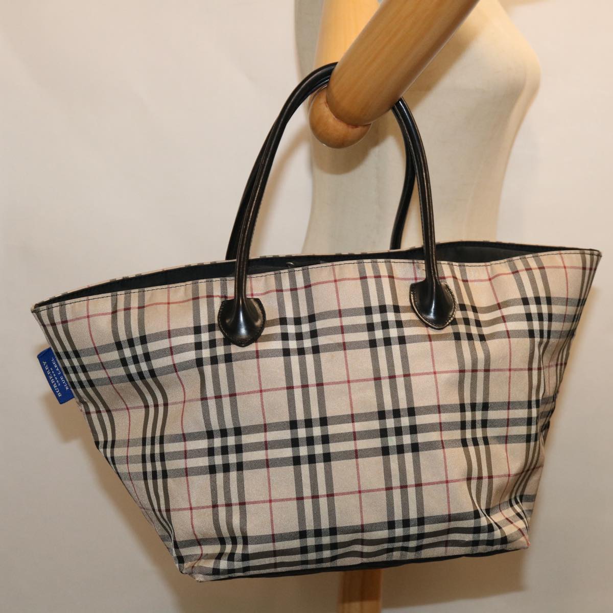 BURBERRY Nova Check Blue Label Tote Bag Nylon Beige Auth 68073