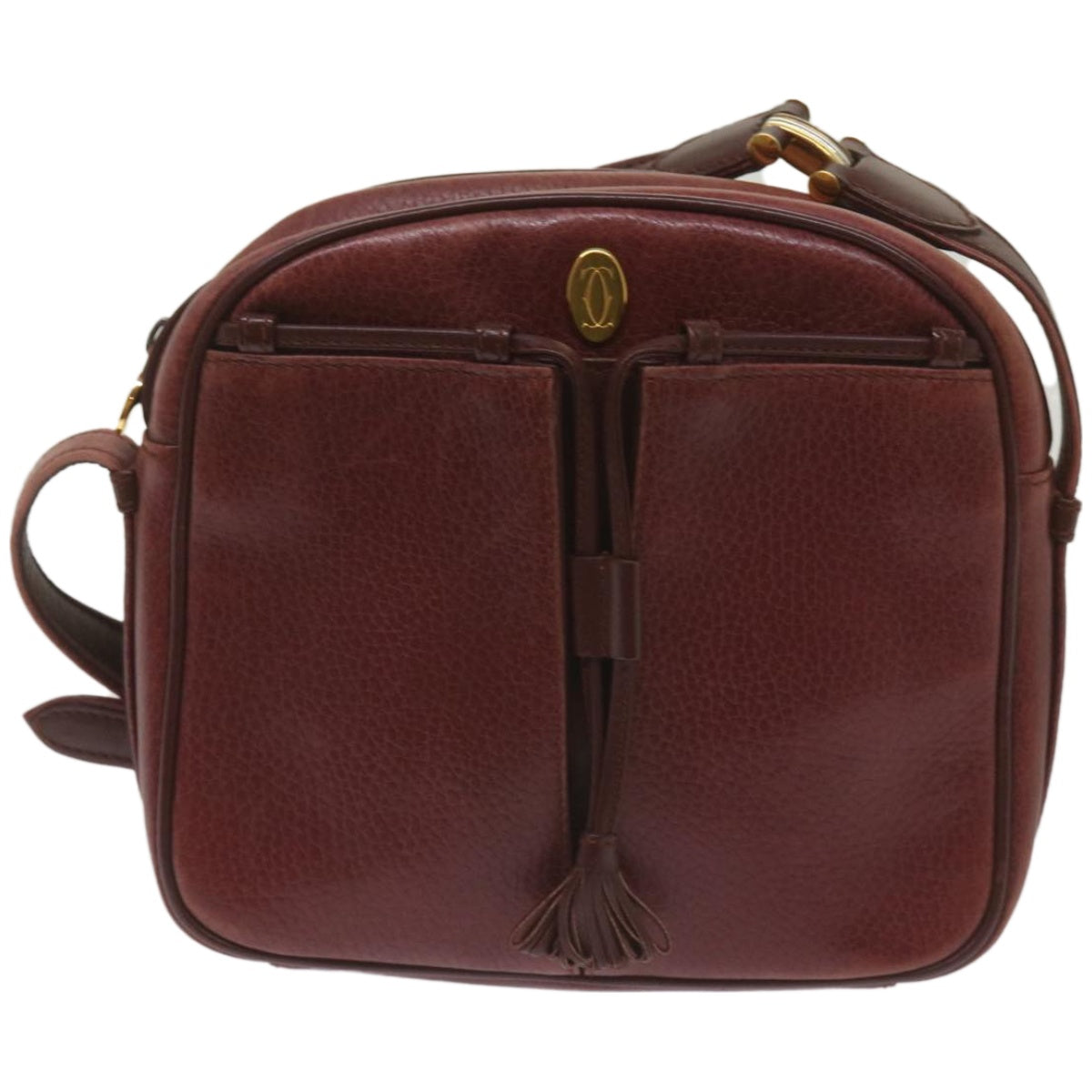 CARTIER Shoulder Bag Leather Wine Red Auth 68174