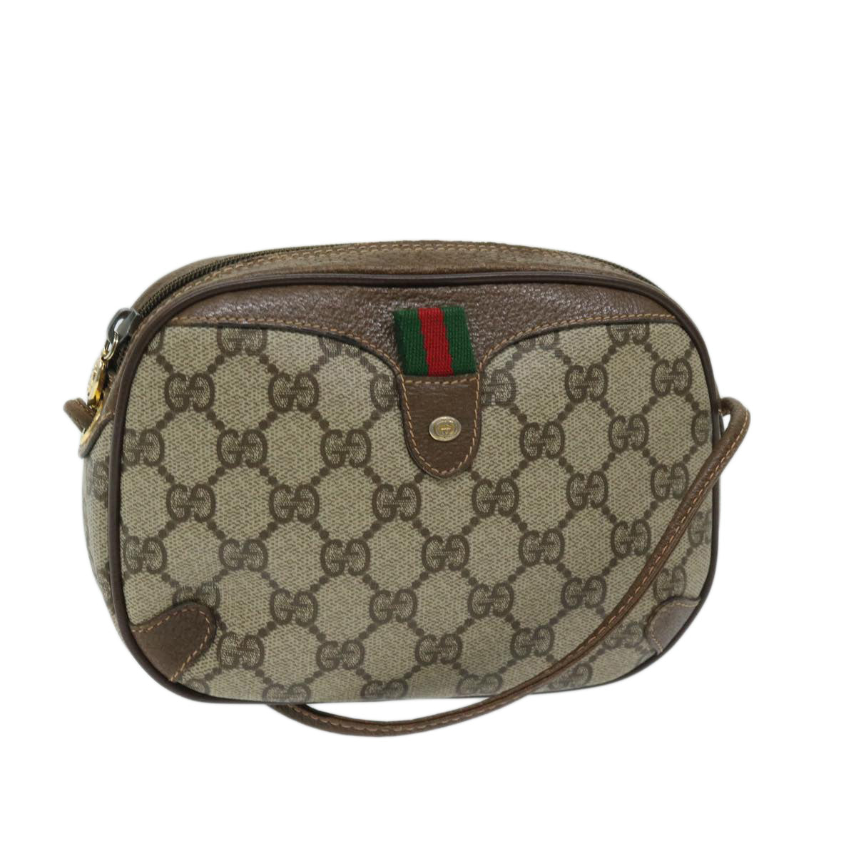 GUCCI GG Canvas Web Sherry Line Shoulder Bag PVC Beige Green Red Auth 68186